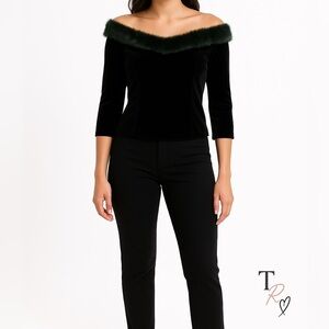 Vintage Patra Off The Shoulder Faux Fur Trim Stretch Velvet Top Size 10